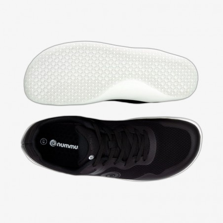 Nummulit Empúries: Minimalist sports shoes. Black color with white outsole. Barefoot performance and style